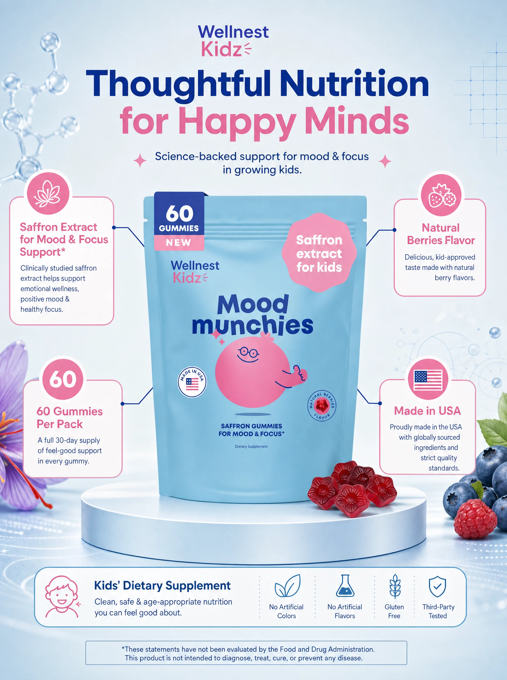 Thoughtful nutrition for happy minds — saffron extract, natural berries, made in USA