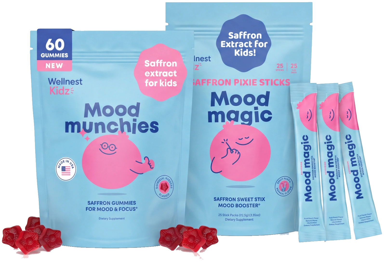Wellnest Kidz Mood Munchies gummies and Mood Magic saffron pixie sticks